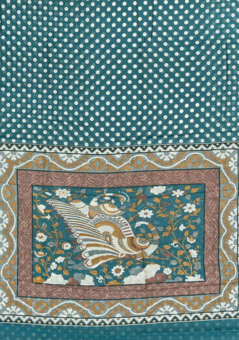 Cyan Printed Blended Viscose Art Silk Saree With Kalamkari Pallu For Women - Indya