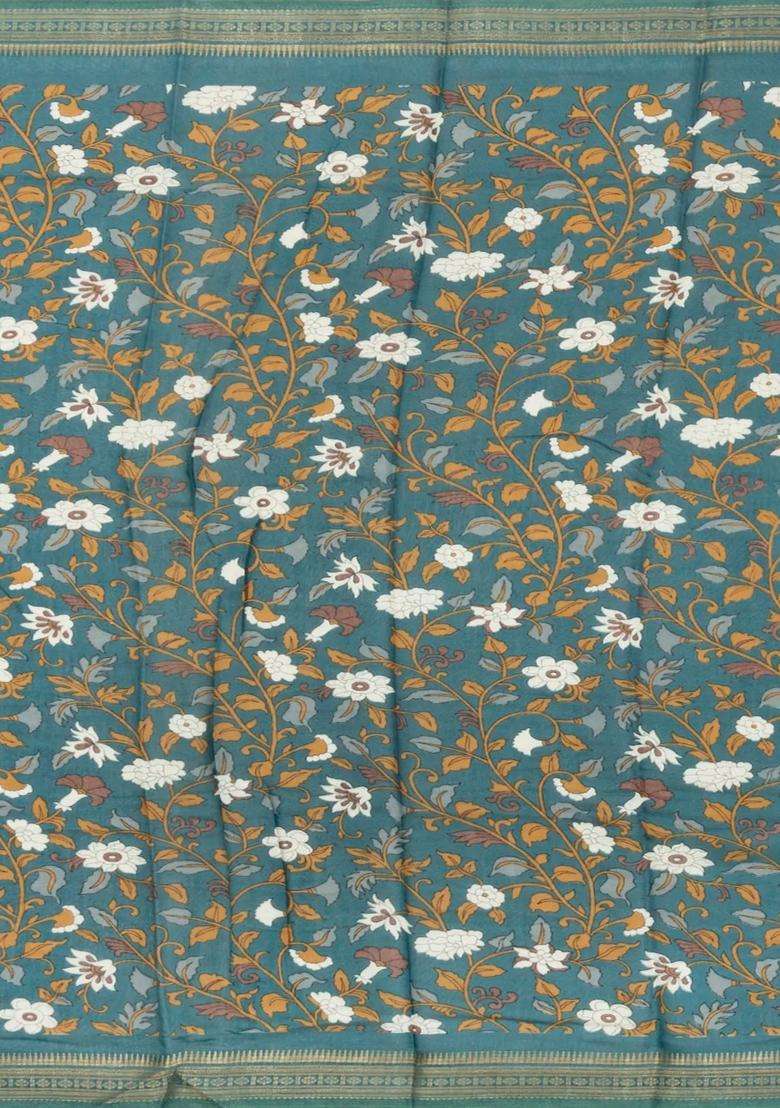 Cyan Printed Blended Viscose Art Silk Saree With Kalamkari Pallu For Women - Indya