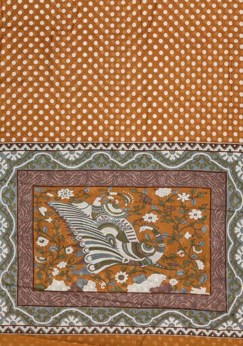 Sandal Printed Blended Viscose Art Silk Saree With Kalamkari Pallu For Women - Indya