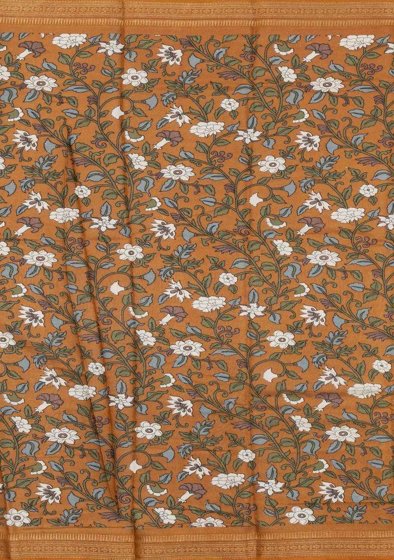 Sandal Printed Blended Viscose Art Silk Saree With Kalamkari Pallu For Women - Indya