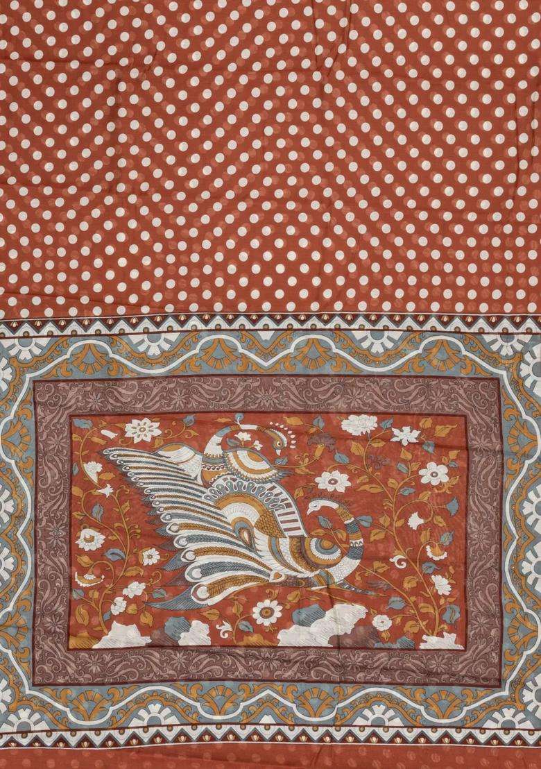Rust Printed Blended Viscose Art Silk Saree With Kalamkari Pallu For Women - Indya