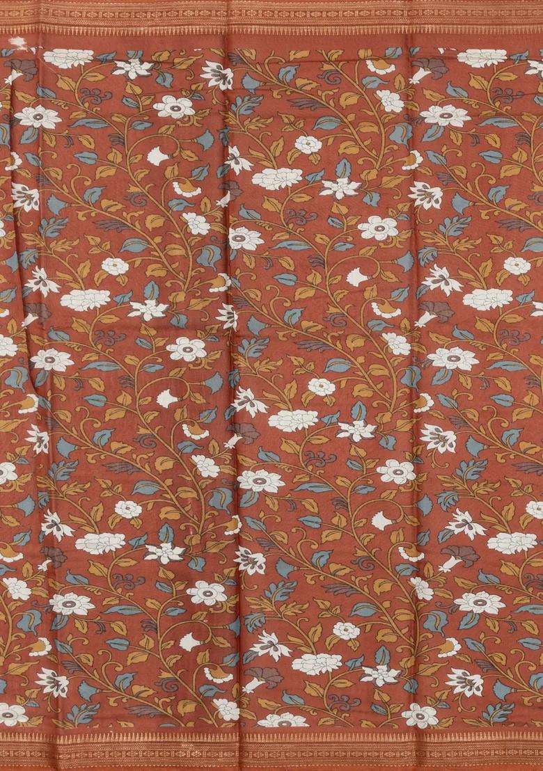 Rust Printed Blended Viscose Art Silk Saree With Kalamkari Pallu For Women - Indya