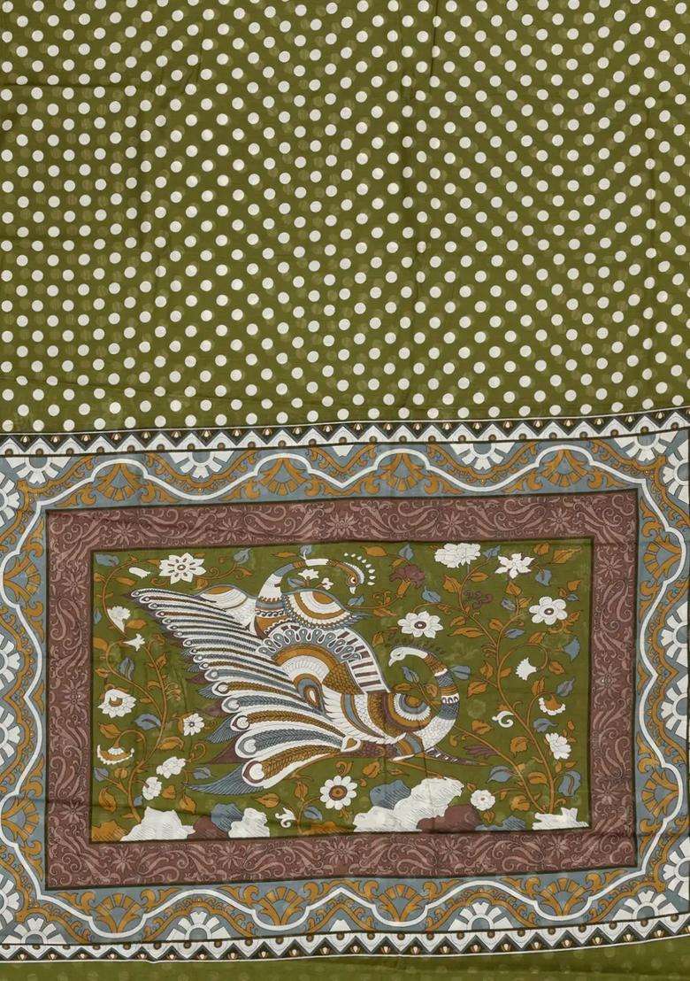 Green Printed Blended Viscose Art Silk Saree With Kalamkari Pallu For Women - Indya