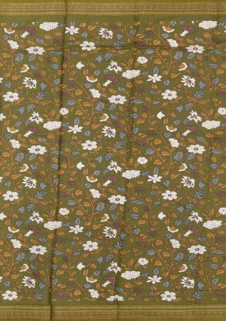 Green Printed Blended Viscose Art Silk Saree With Kalamkari Pallu For Women - Indya