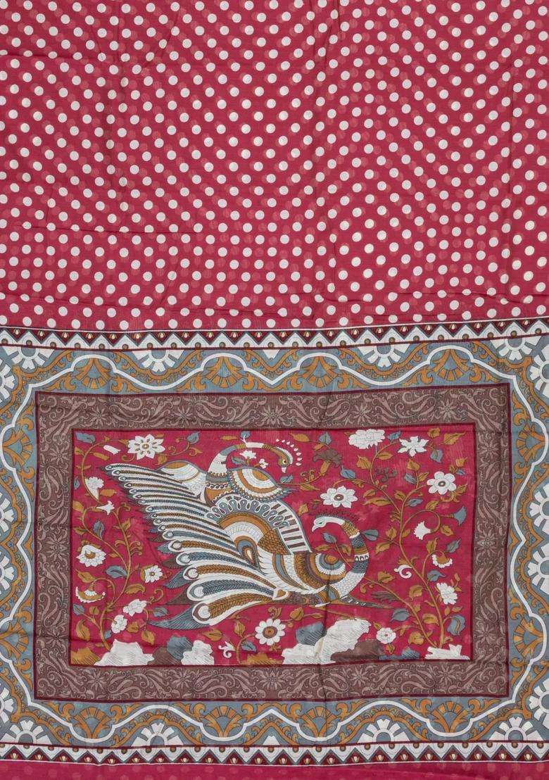 Crimson Printed Blended Viscose Art Silk Saree With Kalamkari Pallu For Women - Indya