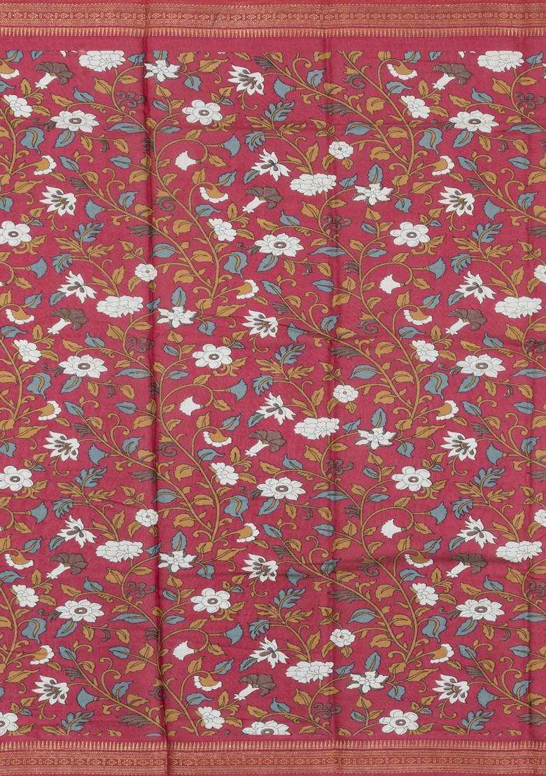 Crimson Printed Blended Viscose Art Silk Saree With Kalamkari Pallu For Women - Indya