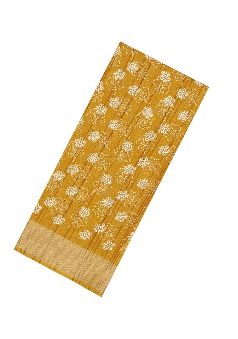 Mustard Printed Art Dola Silk Saree With Zari Border For Women - Indya