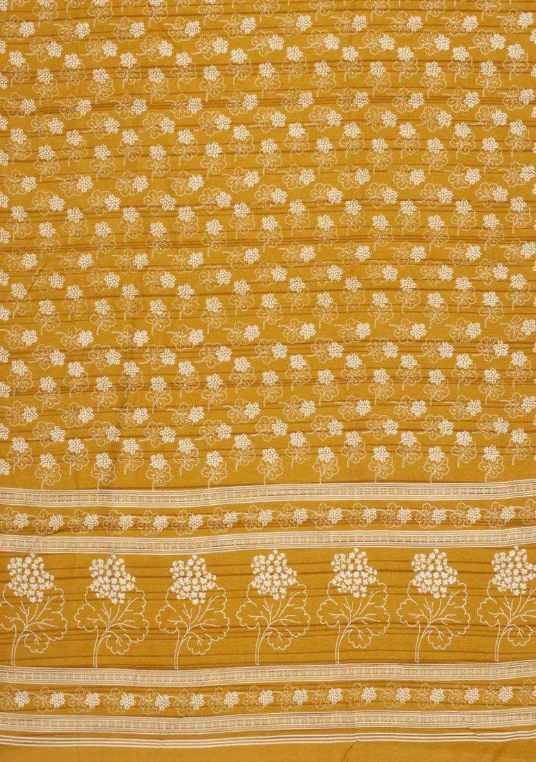 Mustard Printed Art Dola Silk Saree With Zari Border For Women - Indya