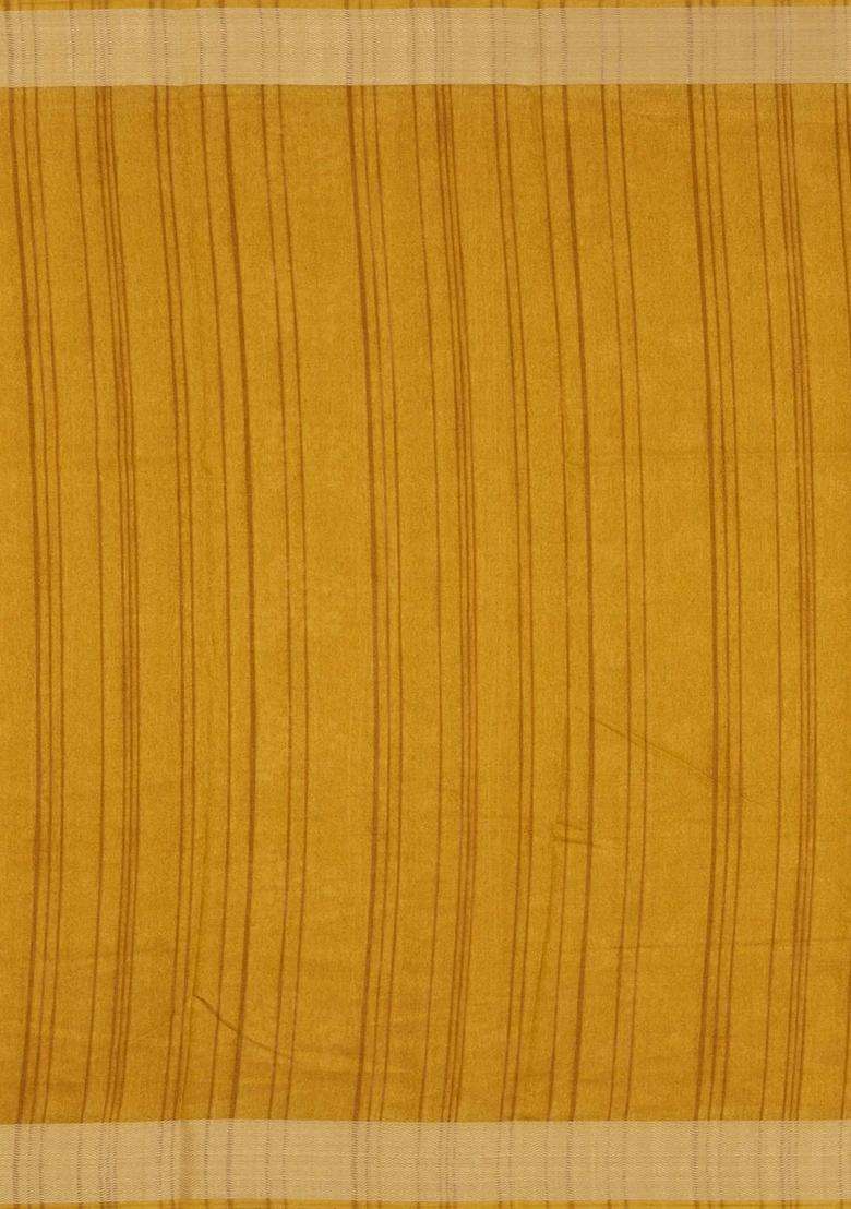 Mustard Printed Art Dola Silk Saree With Zari Border For Women - Indya