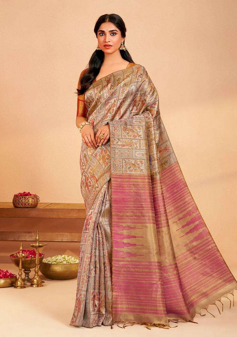 Taupe Handloom Kanchipuram Silk Saree With Meena Bird Motifs With Buttas And Brocade Design For Women - Indya