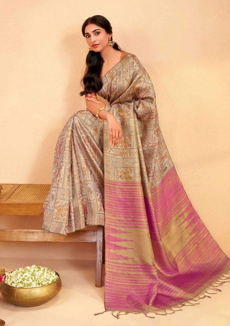 Taupe Handloom Kanchipuram Silk Saree With Meena Bird Motifs With Buttas And Brocade Design For Women - Indya