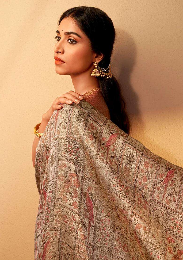 Taupe Handloom Kanchipuram Silk Saree With Meena Bird Motifs With Buttas And Brocade Design For Women - Indya
