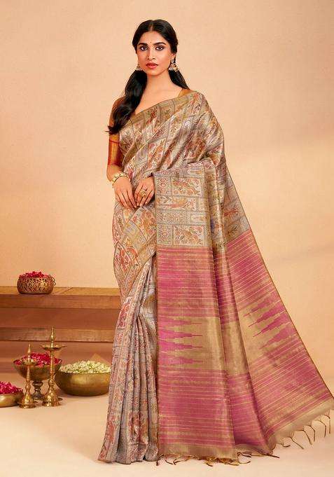 Taupe Handloom Kanchipuram Silk Saree With Meena Bird Motifs With Buttas And Brocade Design For Women