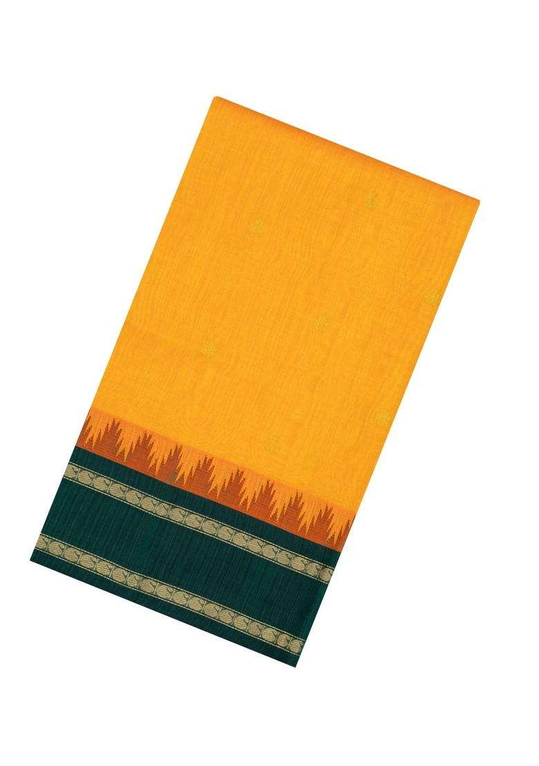 Mango Yellow Handloom Korvai Silk Cotton Saree With Green Border With Korvai And Temple Border Design For Women - Indya