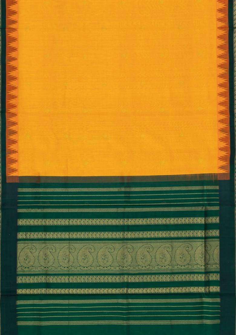 Mango Yellow Handloom Korvai Silk Cotton Saree With Green Border With Korvai And Temple Border Design For Women - Indya