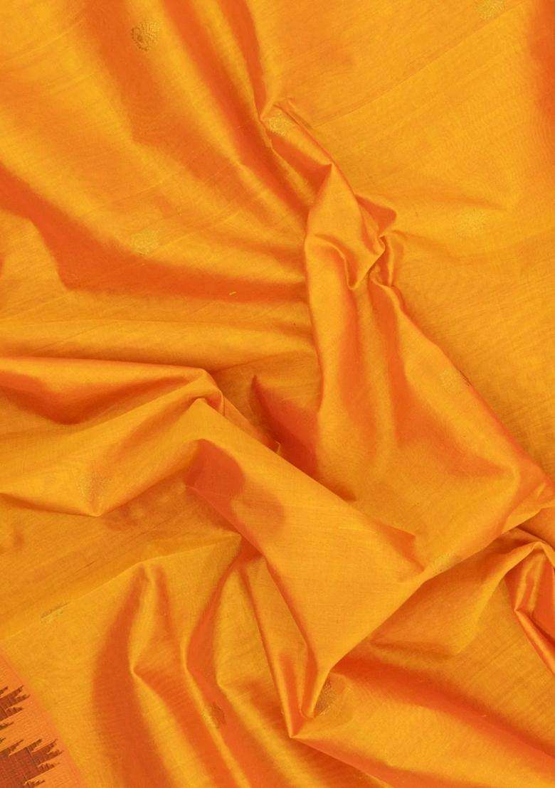 Mango Yellow Handloom Korvai Silk Cotton Saree With Green Border With Korvai And Temple Border Design For Women - Indya