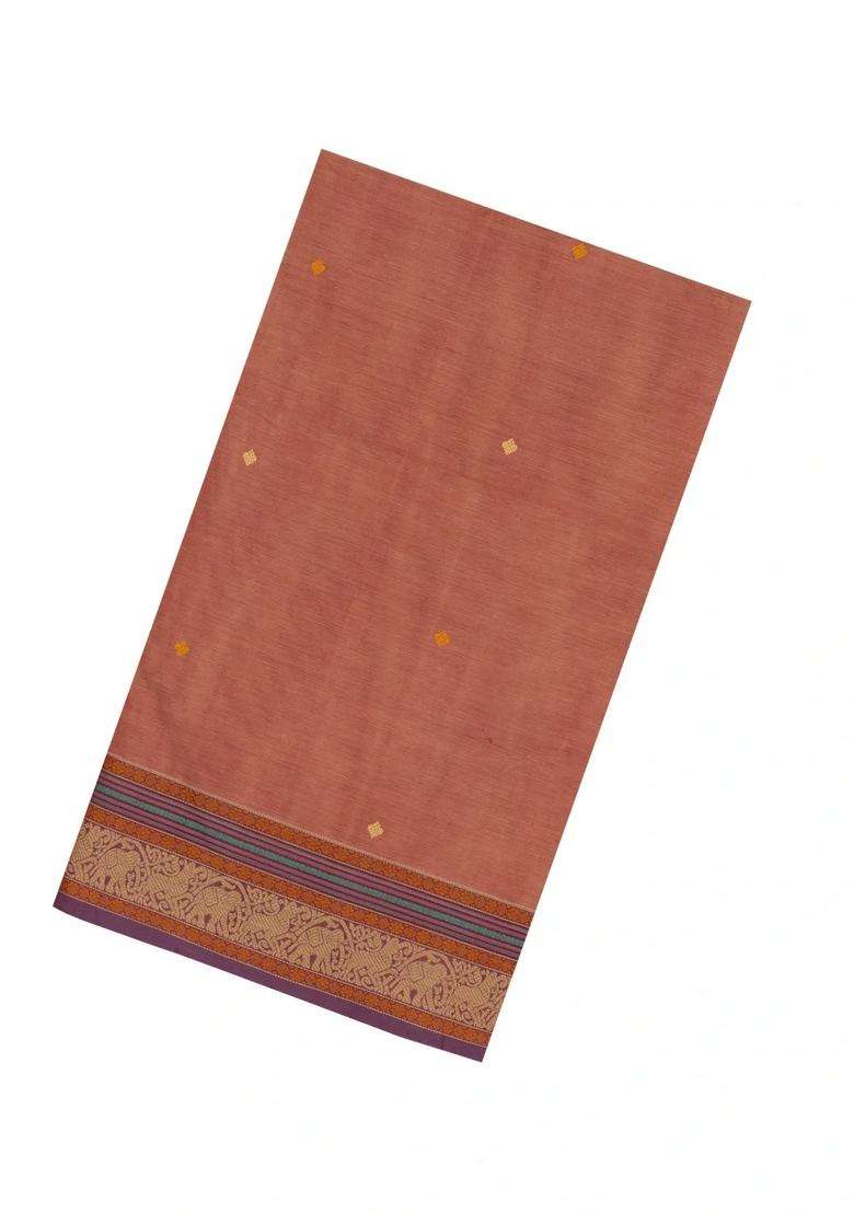 Dusty Peach Handloom Silk Cotton Saree With Buttas With Buttas And Brocade Design For Women - Indya