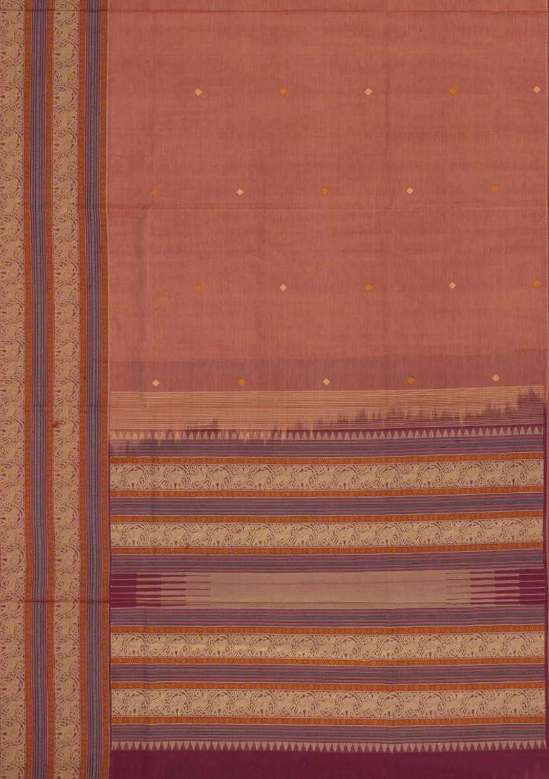 Dusty Peach Handloom Silk Cotton Saree With Buttas With Buttas And Brocade Design For Women - Indya