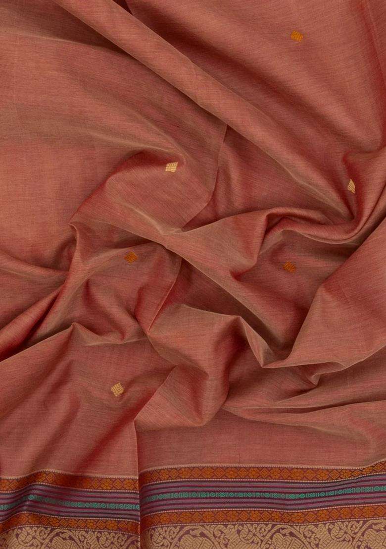 Dusty Peach Handloom Silk Cotton Saree With Buttas With Buttas And Brocade Design For Women - Indya