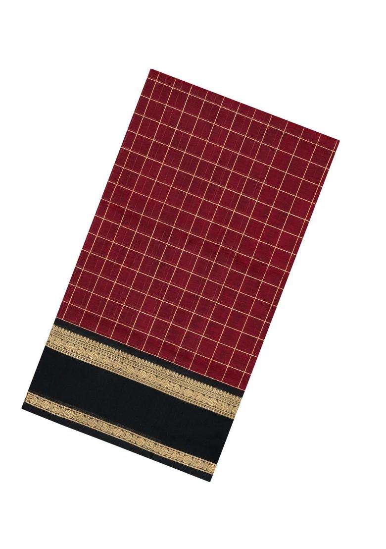 Maroon Handloom Silk Cotton Saree With Zari Checks With Checks And Stripes Design For Women - Indya