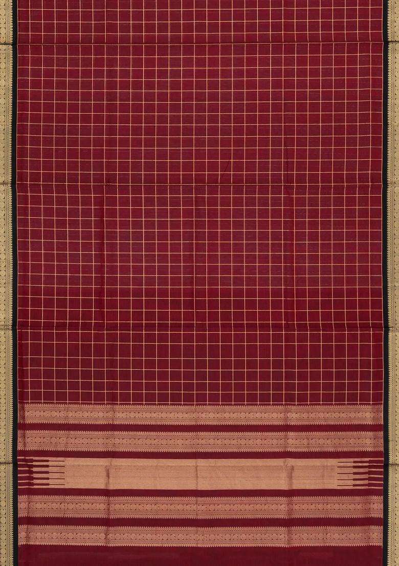 Maroon Handloom Silk Cotton Saree With Zari Checks With Checks And Stripes Design For Women - Indya