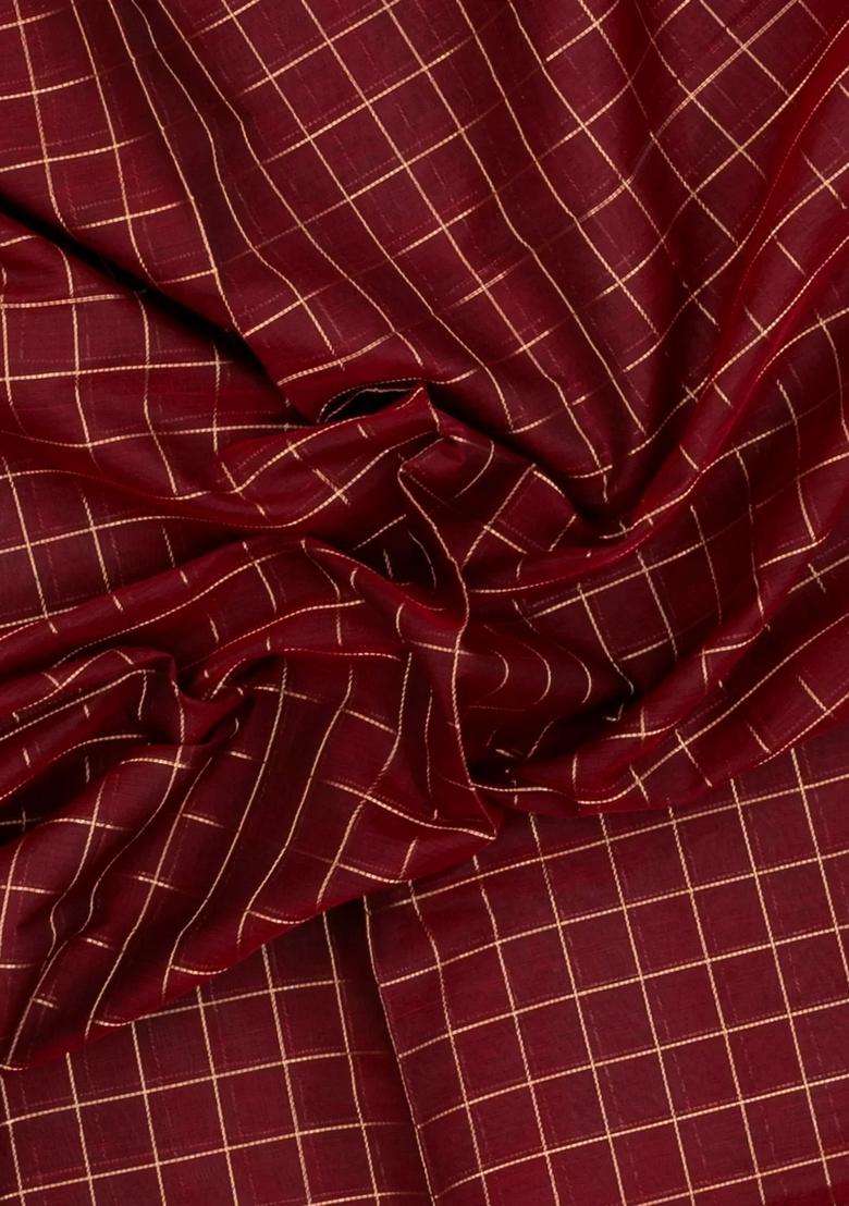 Maroon Handloom Silk Cotton Saree With Zari Checks With Checks And Stripes Design For Women - Indya
