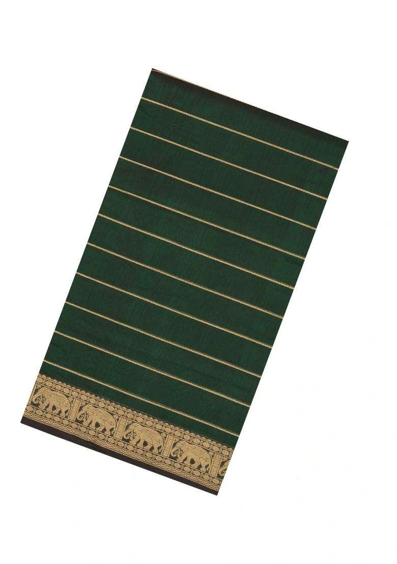 Bottle Green Handloom Silk Cotton Saree With Veldari Stripes With Checks And Stripes Design For Women - Indya