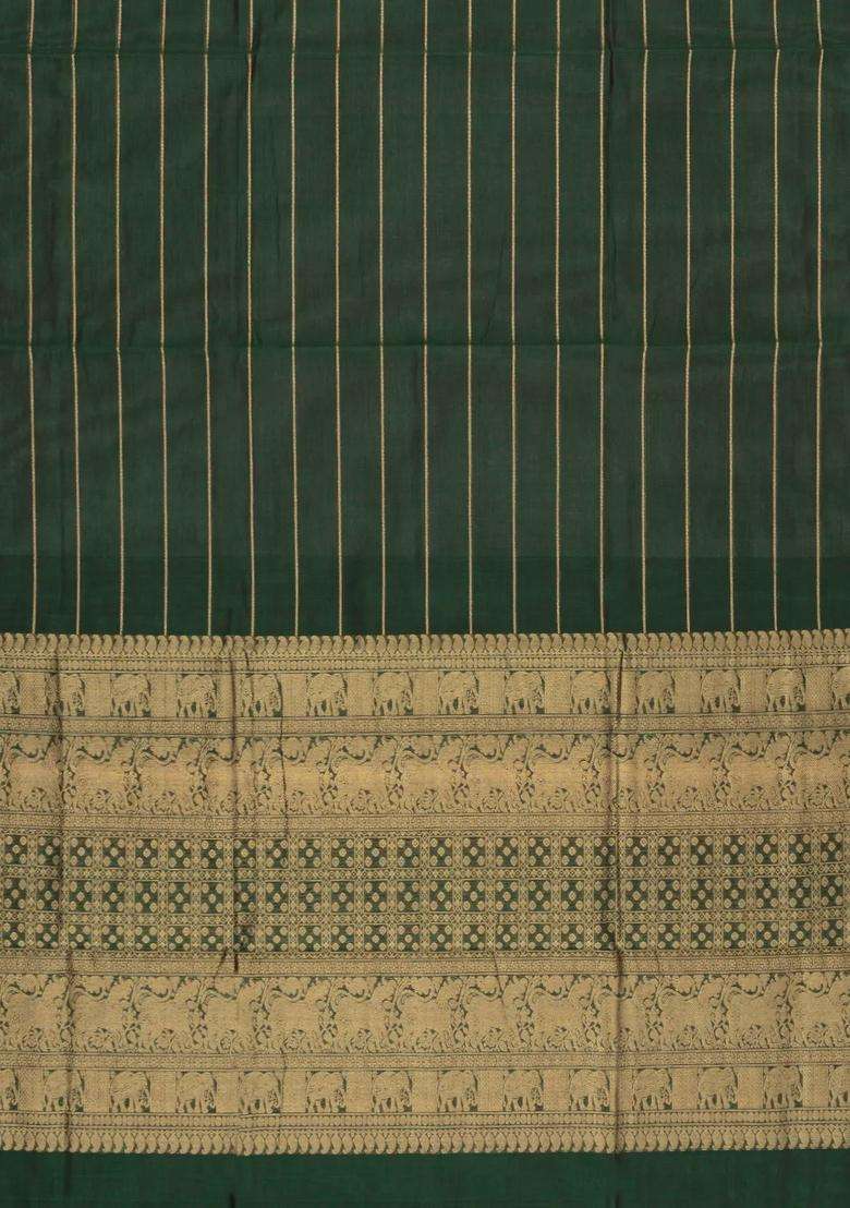 Bottle Green Handloom Silk Cotton Saree With Veldari Stripes With Checks And Stripes Design For Women - Indya