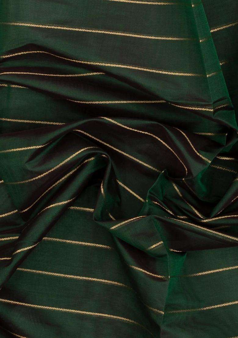 Bottle Green Handloom Silk Cotton Saree With Veldari Stripes With Checks And Stripes Design For Women - Indya