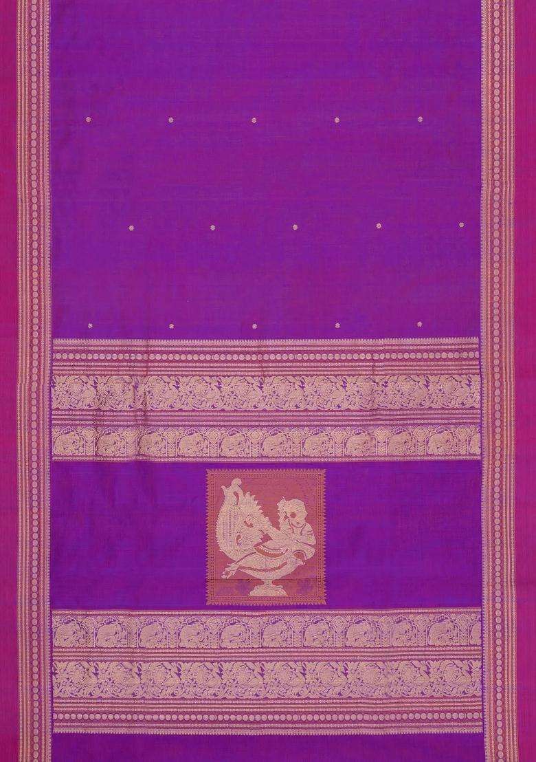 Purple Handloom Silk Cotton Saree With Buttas With Buttas And Brocade Design For Women - Indya