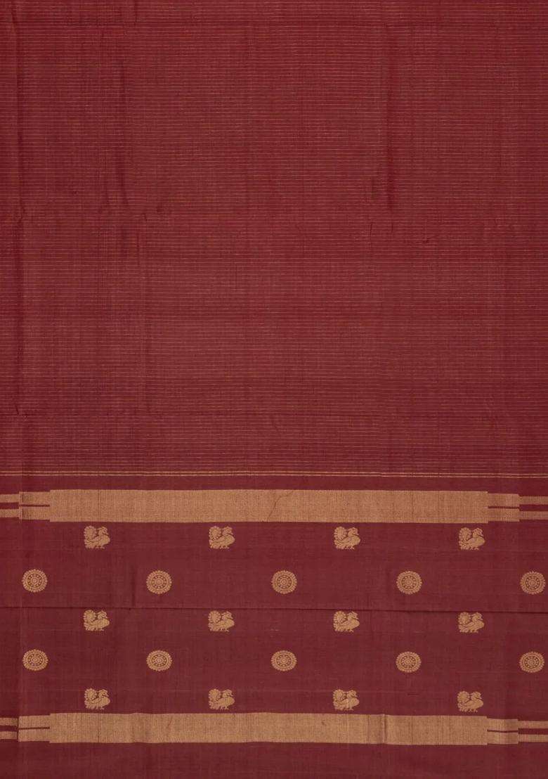 Maroon Handloom Silk Cotton Saree With Dotted Stripes With Checks And Stripes Design For Women - Indya