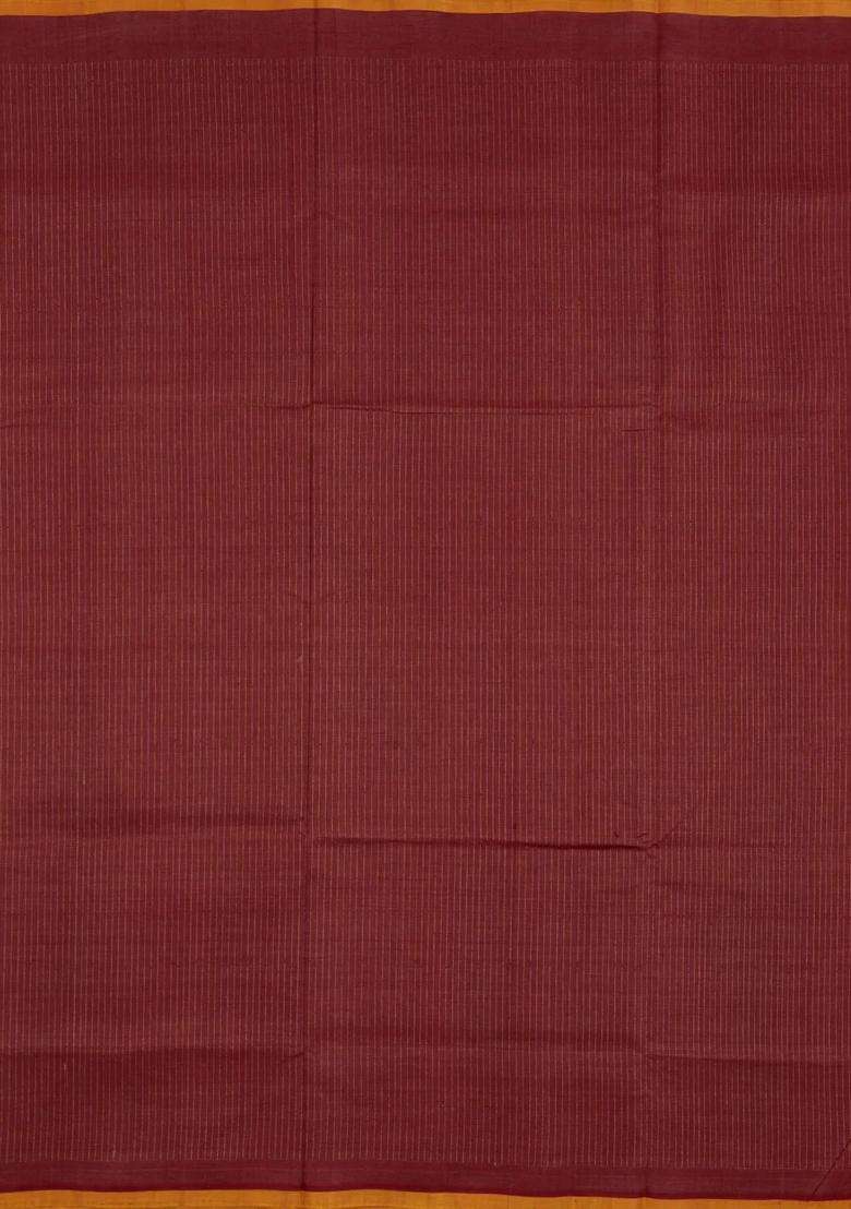 Maroon Handloom Silk Cotton Saree With Dotted Stripes With Checks And Stripes Design For Women - Indya