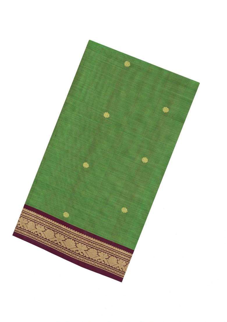 Green Handloom Silk Cotton Saree With Butats Stripes With Checks And Stripes Design For Women - Indya
