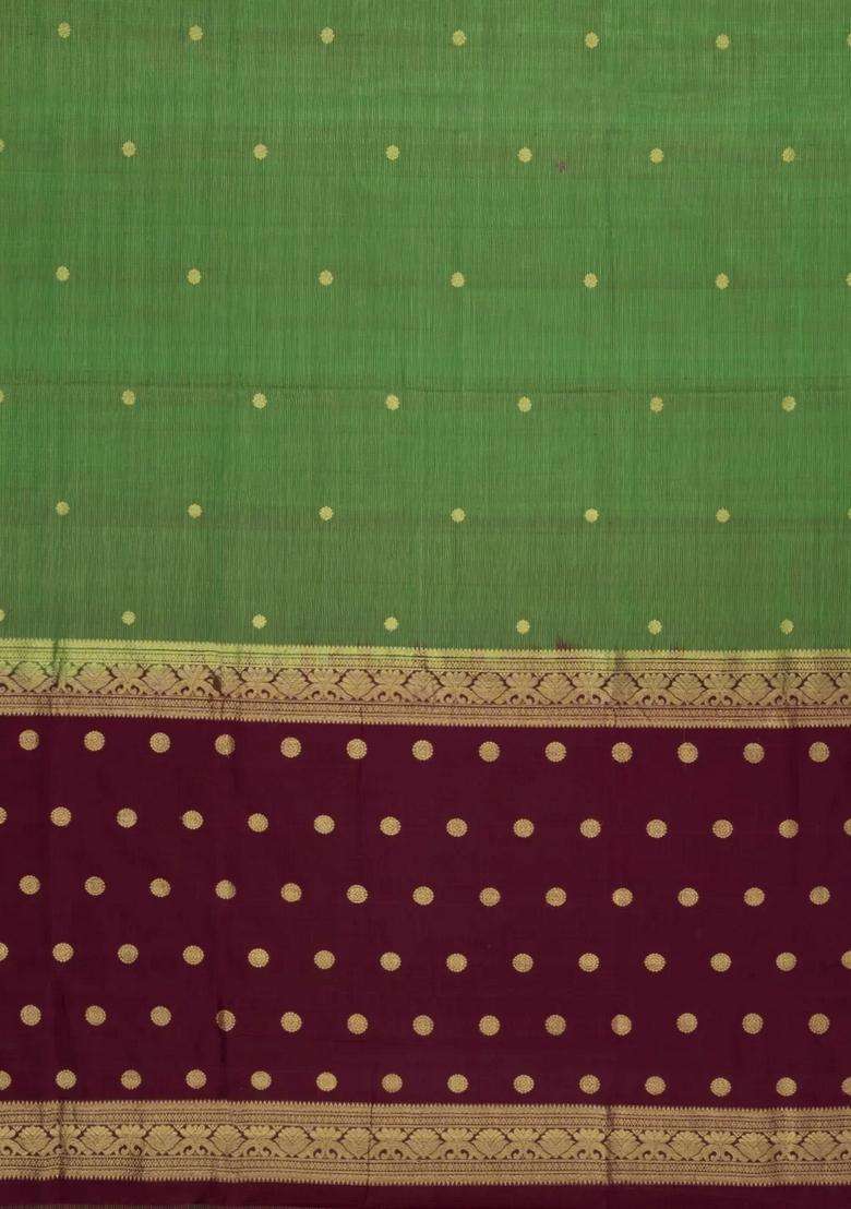 Green Handloom Silk Cotton Saree With Butats Stripes With Checks And Stripes Design For Women - Indya