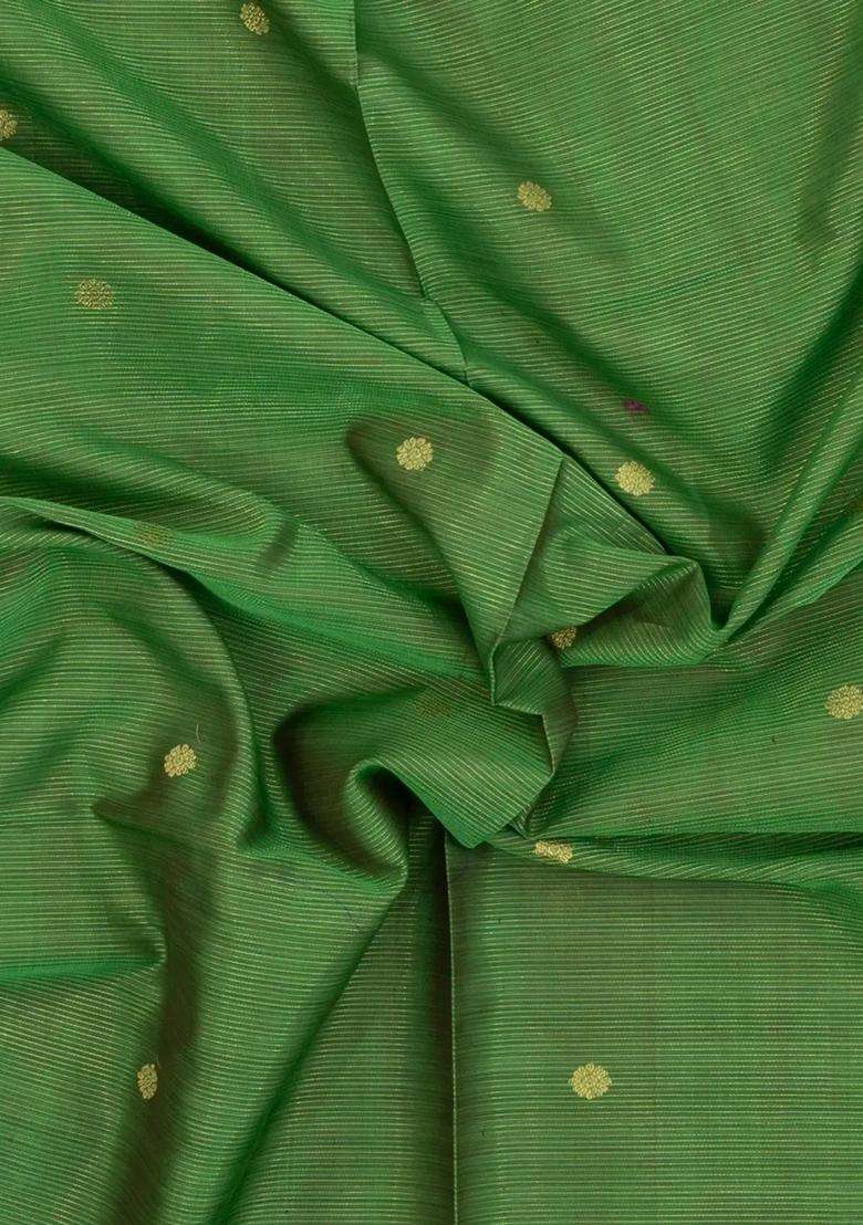 Green Handloom Silk Cotton Saree With Butats Stripes With Checks And Stripes Design For Women - Indya