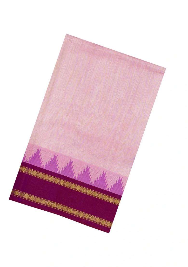 Baby Pink Handloom Korvai Silk Cotton Saree With Maroon Border With Korvai And Temple Border Design For Women - Indya