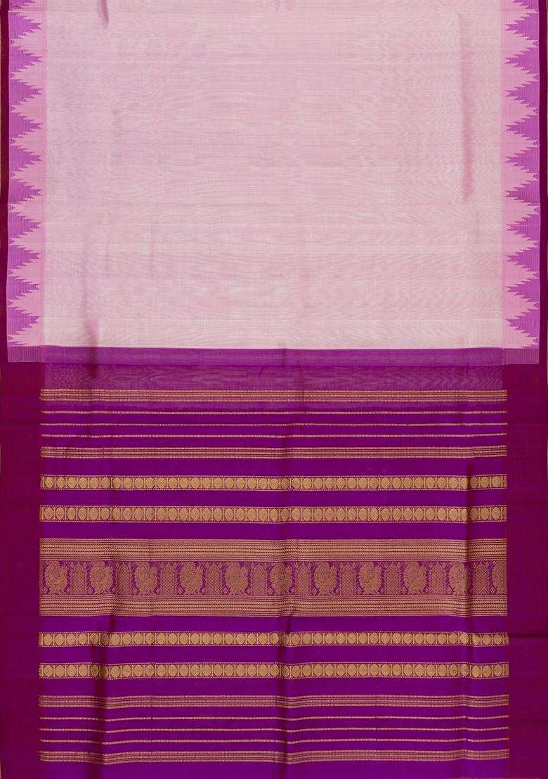 Baby Pink Handloom Korvai Silk Cotton Saree With Maroon Border With Korvai And Temple Border Design For Women - Indya