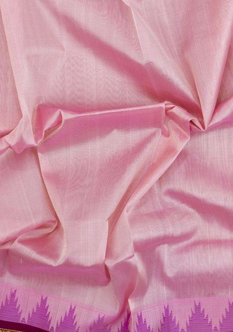 Baby Pink Handloom Korvai Silk Cotton Saree With Maroon Border With Korvai And Temple Border Design For Women - Indya