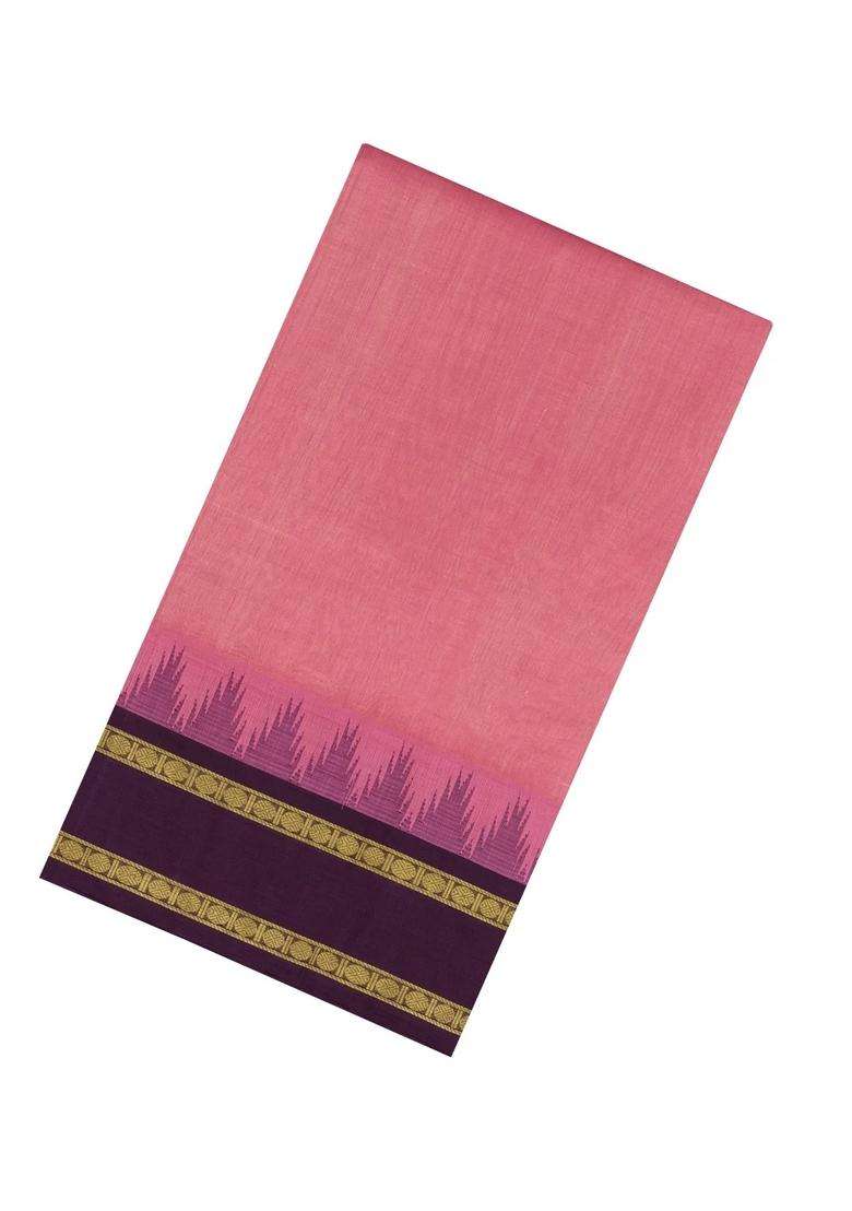 Peach Handloom Korvai Silk Cotton Saree With Maroon Border With Korvai And Temple Border Design For Women - Indya