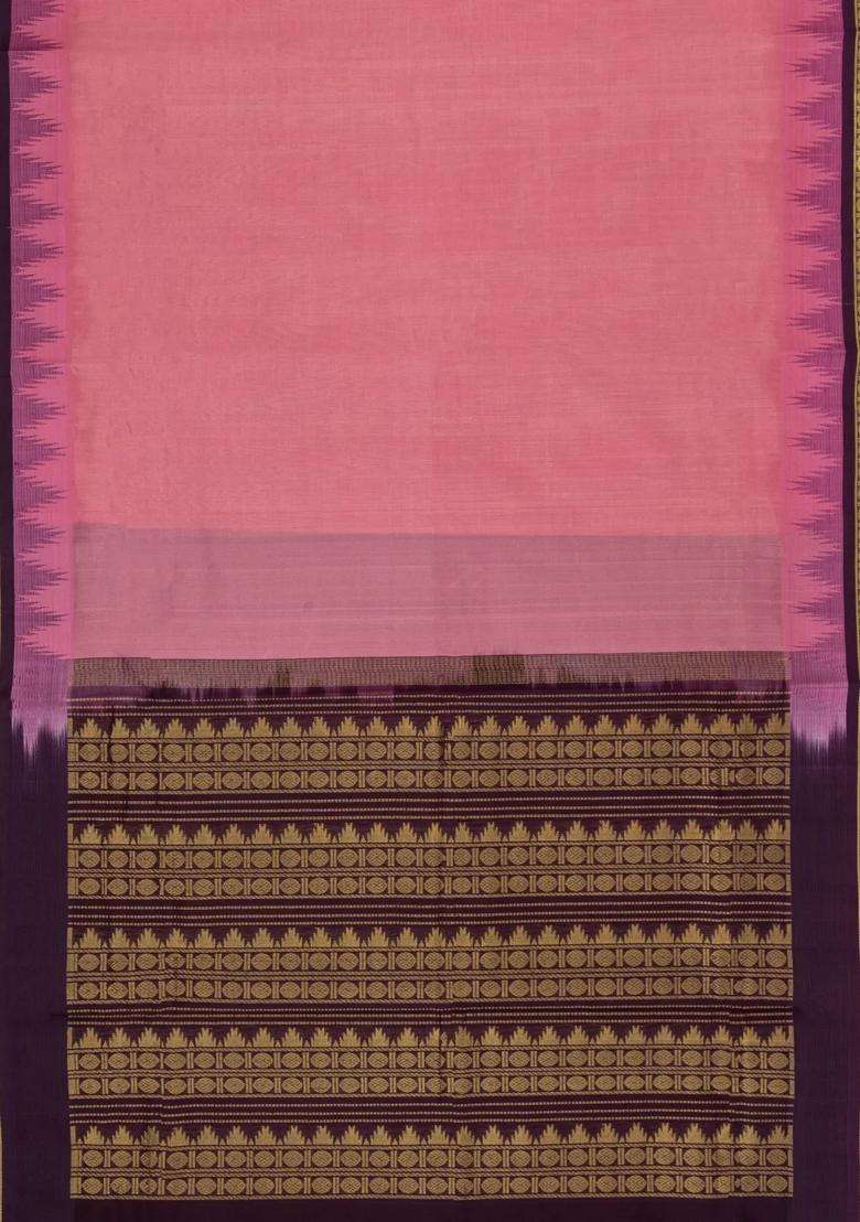 Peach Handloom Korvai Silk Cotton Saree With Maroon Border With Korvai And Temple Border Design For Women - Indya