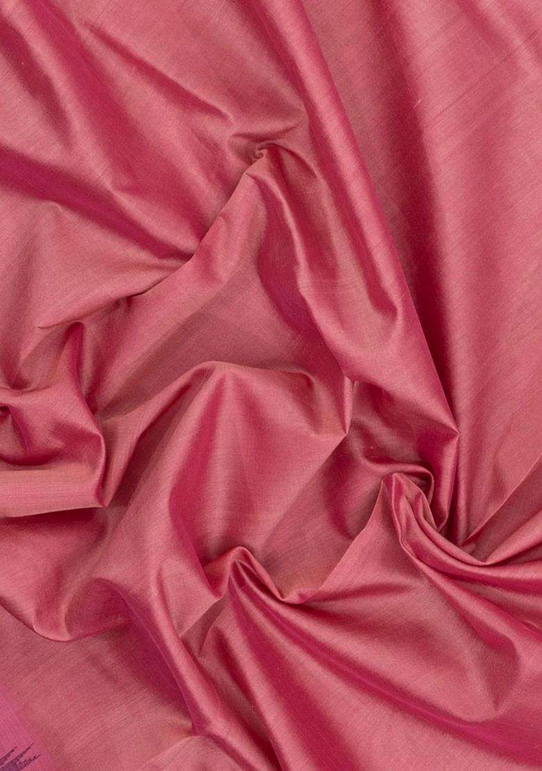 Peach Handloom Korvai Silk Cotton Saree With Maroon Border With Korvai And Temple Border Design For Women - Indya