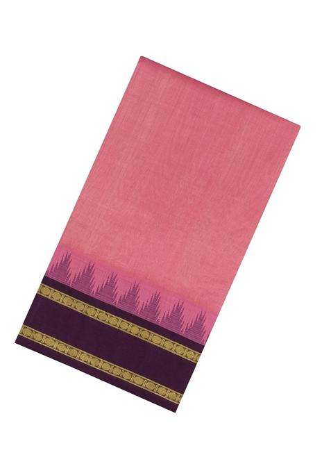 Peach Handloom Korvai Silk Cotton Saree With Maroon Border With Korvai And Temple Border Design For Women