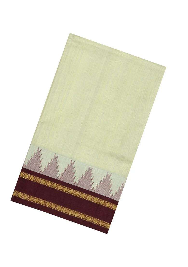 Light Green Handloom Korvai Silk Cotton Saree With Maroon Border With Korvai And Temple Border Design For Women - Indya