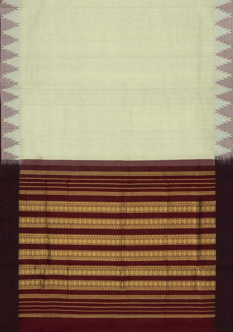 Light Green Handloom Korvai Silk Cotton Saree With Maroon Border With Korvai And Temple Border Design For Women - Indya