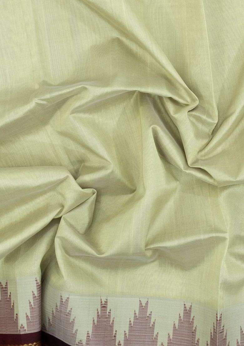 Light Green Handloom Korvai Silk Cotton Saree With Maroon Border With Korvai And Temple Border Design For Women - Indya