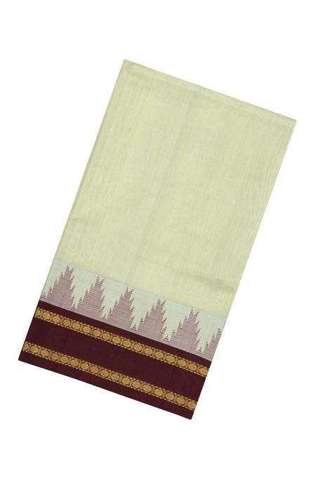 Light Green Handloom Korvai Silk Cotton Saree With Maroon Border With Korvai And Temple Border Design For Women