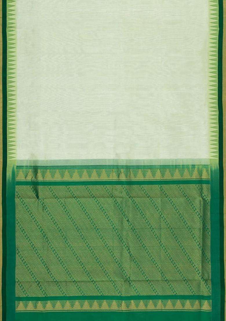 Light Green Handloom Korvai Silk Cotton Saree With Contrast Temple Border With Korvai And Temple Border Design For Women - Indya