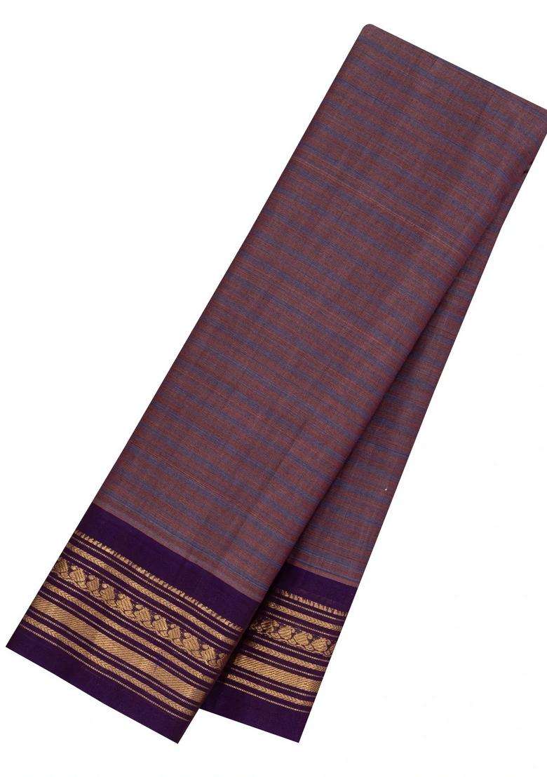 Lilac Handloom Gadwal Silk Cotton Saree With Stripes With Checks And Stripes Design For Women - Indya