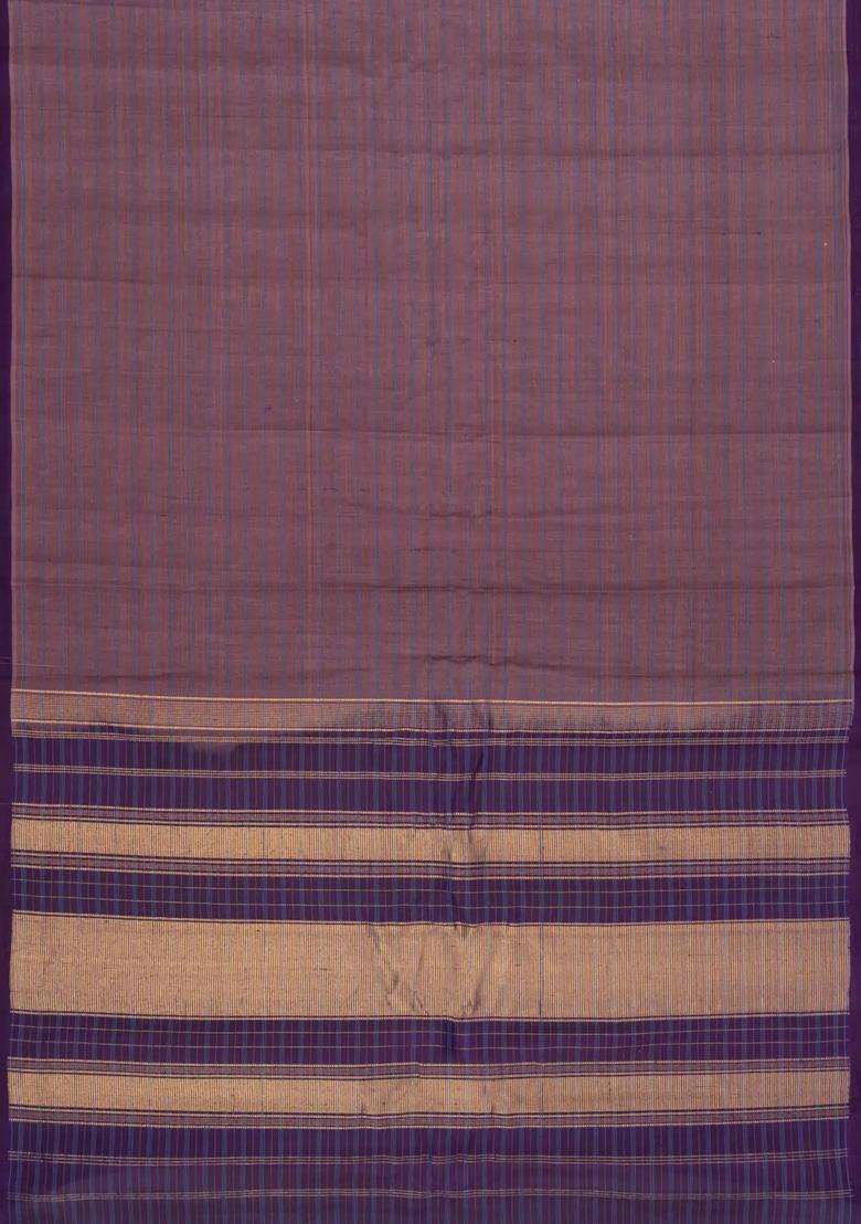 Lilac Handloom Gadwal Silk Cotton Saree With Stripes With Checks And Stripes Design For Women - Indya