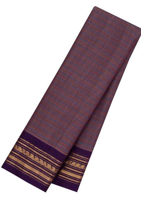 Lilac Handloom Gadwal Silk Cotton Saree With Stripes With Checks And Stripes Design For Women